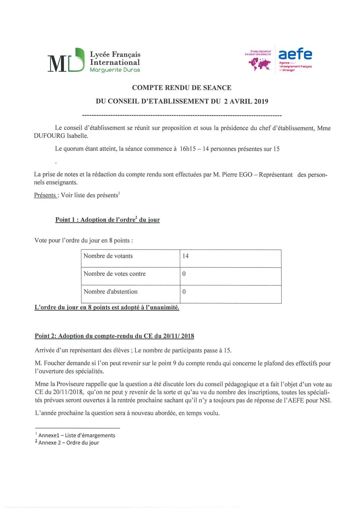 🇫🇷 Compte-rendu du Conseil d’établissement du 02 avril 2019