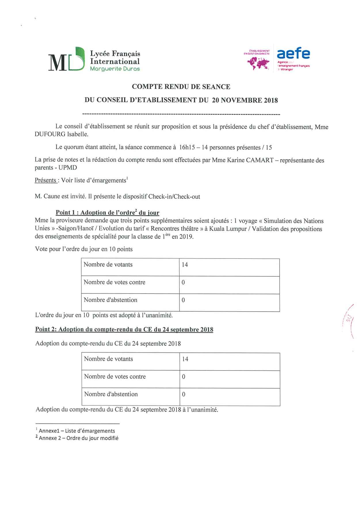 🇫🇷 Compte-rendu du Conseil d’établissement du 20 novembre 2018