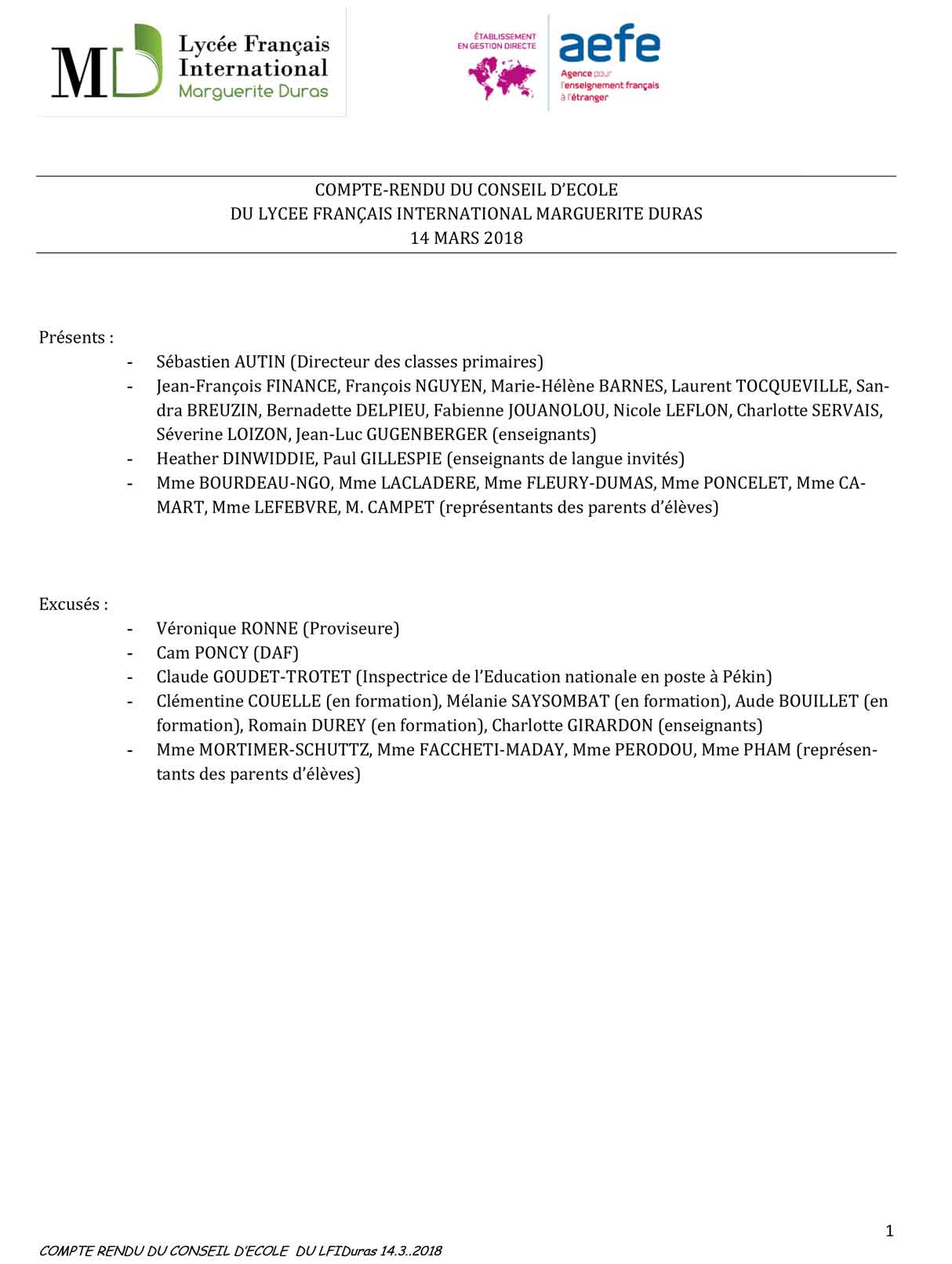 🇫🇷 Compte-rendu du Conseil d’école du 14 Mars 2018