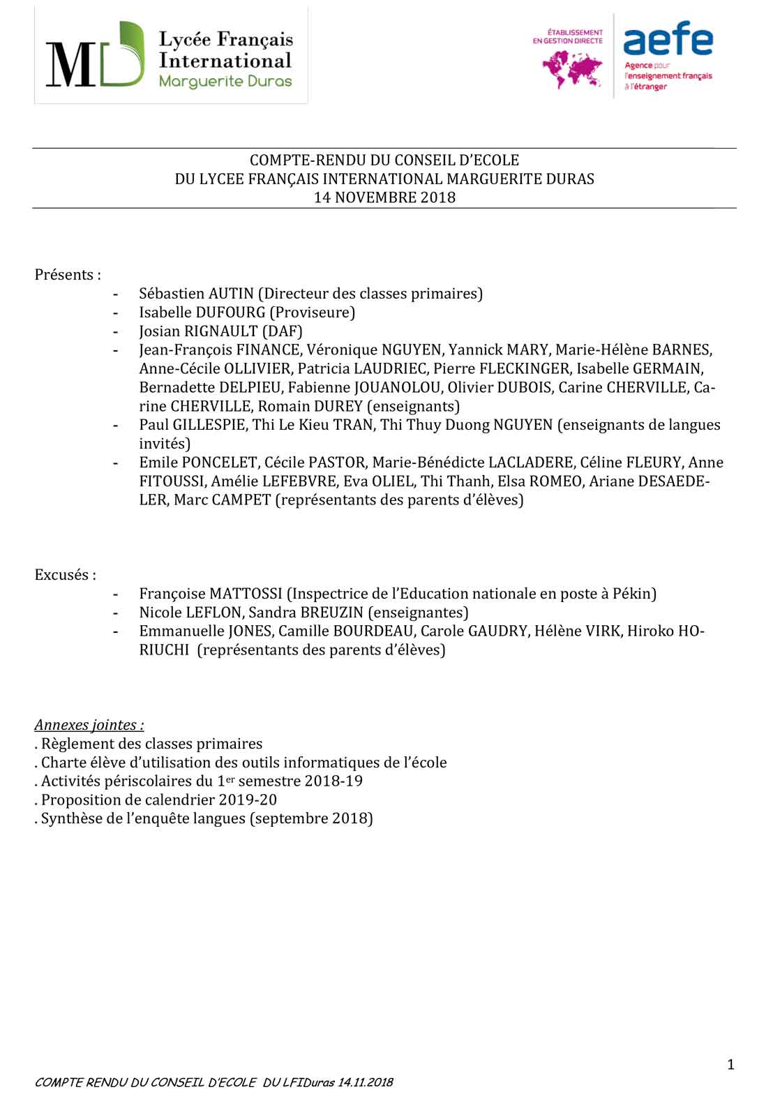 🇫🇷 Compte-rendu du Conseil d’École du 14 novembre 2018