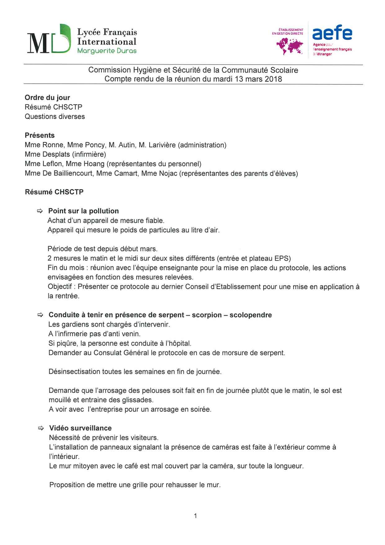 🇫🇷 Compte-rendu de la Commission Hygiène & Sécurité du 13 mars 2018